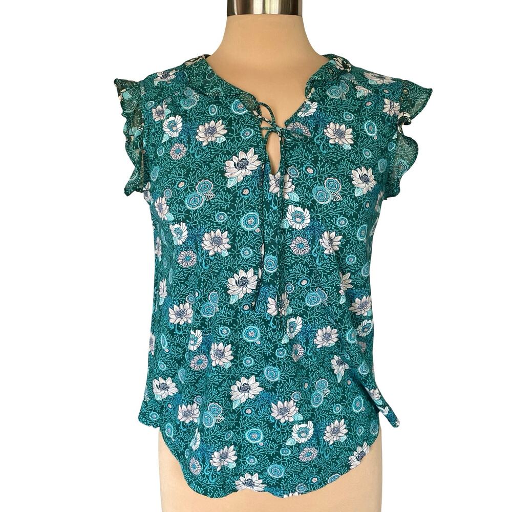 Lucky Brand Green Floral Flutter Sleeve Top Size MED Boho Casual Flirty Feminine